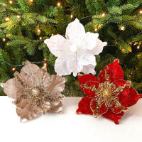 Decoración De Navidad Flor De Champán Con Lentejuelas Plateadas Poinsettia Artificial Para Árbol De Navidad Color Oro - details 14