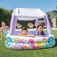 INTEX - Piscina infantil hinchable con toldo desmontable, 157x157x122 cm, capacidad 295 litros, diseño acuático colorido, tapón de desagüe, uso exterior, juego acuático, jardín, verano, niños +2 años, vinilo resistente, incluye parche de reparación - details 6