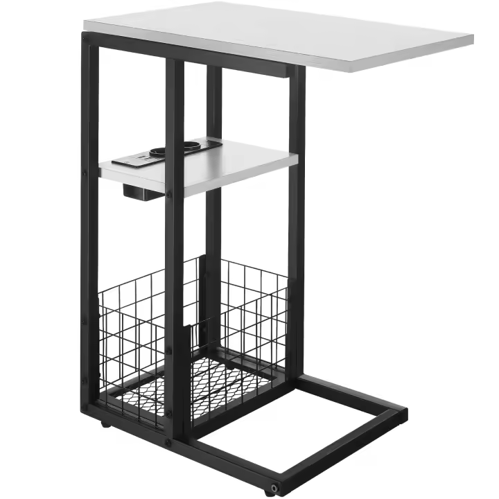Tectake - Mesa auxiliar en forma de C para portátil RHEA, 50-73 x 30 x 61,5 cm, Con estación de carga, 2 estantes adicionales, Conexión USB y enchufe, Mesita de noche, Mesita auxiliar para salón o dormitorio, Madera y acero, Pies regulables en altura - 1