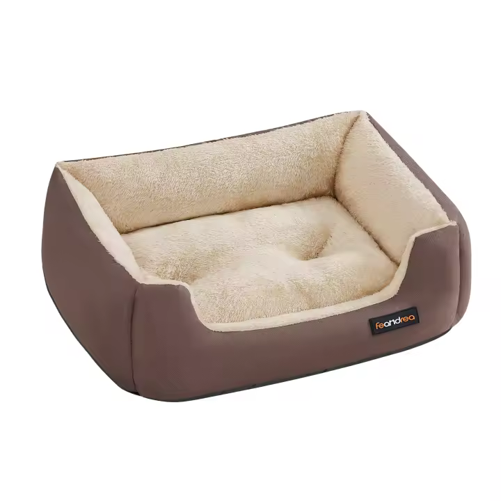 Feandrea Cama para Perros, Sofá Cama para Mascotas, Alfombra Extraíble y Reversible, Bordes Elevados, Base Antideslizante, Talla S, 60 x 50 x 20 cm/100 x 75 x 25 cm, Marrón Café y Beige Arena - 1
