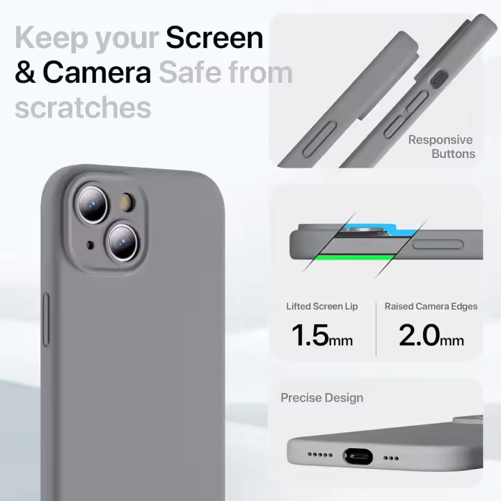 Funda de silicona prémium para iPhone 15 DE 6,1 pulgadas, protección para Cámara, carcasa FINA de Goma de gel antitolpes y antiaraañazo, color Gris - 1