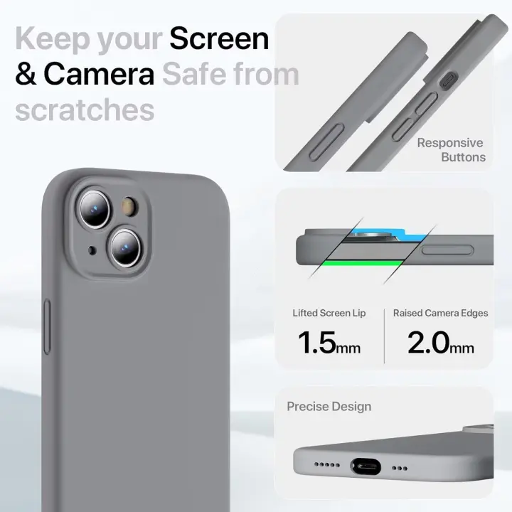 Funda de silicona prémium para iPhone 15 DE 6,1 pulgadas, protección para Cámara, carcasa FINA de Goma de gel antitolpes y antiaraañazo, color Gris - 1