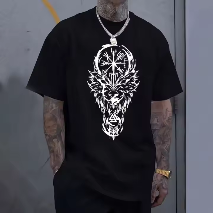 Camiseta Casual Para Hombres 100% Algodón Cuello Redondo Manga Corta Estampado De Lobo Vikingo Antiguo Camiseta Suave Y Cómoda Para Uso Diario Y Externo - 1