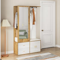 Juego de Guardarropa Elegante en Blanco y Madera-With Espejo Incorporado, Banco Zapatero with Espacio para Zapatos, Ganchos para Accesorios y Barra Colgante Extensible - details 0