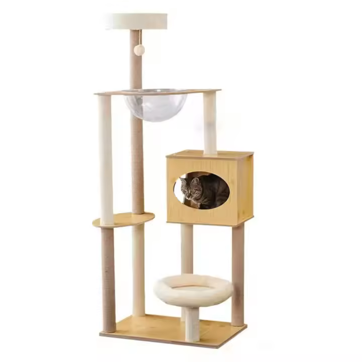 Torre para Gatos con Casa, Hamaca y Plataformas, 151 cm Alto x 60 cm Ancho x 40 cm Profundo, Color Natural - 1