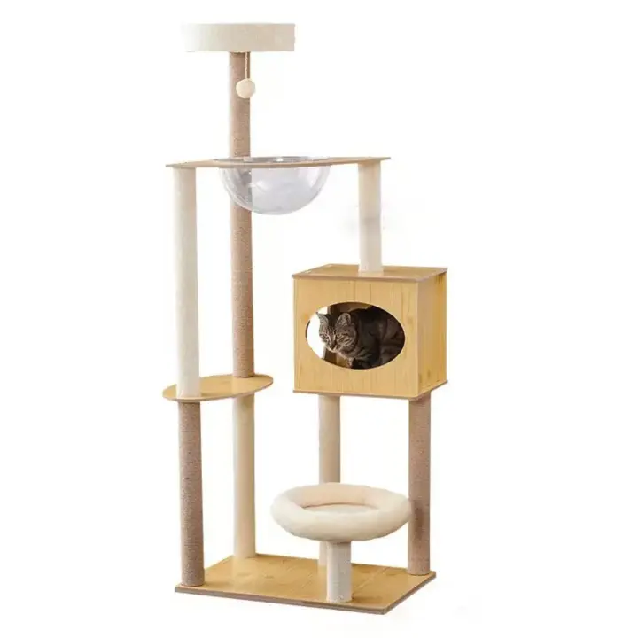 Torre para Gatos con Casa, Hamaca y Plataformas, 151 cm Alto x 60 cm Ancho x 40 cm Profundo, Color Natural - 1