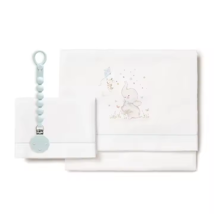 Sábanas Cuna 100% Algodón Cuna 60X120 - Elefante azul + Chupetero (bajera+encimera+funda almohada) - 1