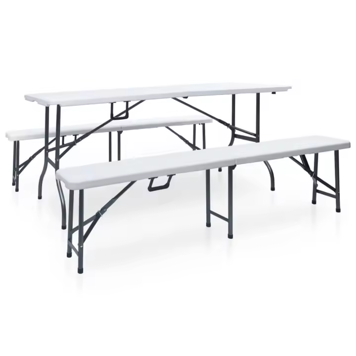vidaXL Mesa de jardín plegable con 2 bancos acero y HDPE blanco 180 cm - 1