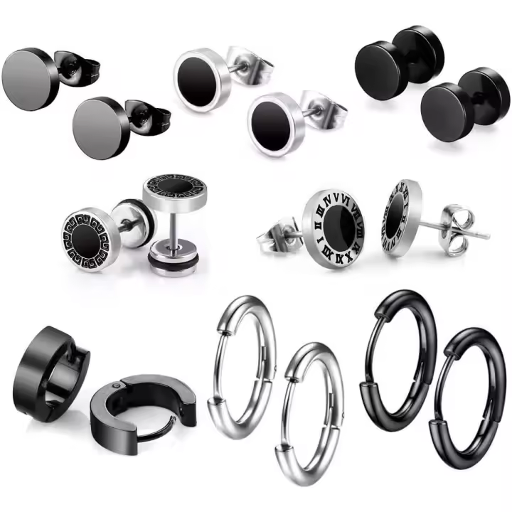 Pares de Pendientes de acero Inoxidable para Hombres, 8 mm de acero Inoxidable Clip Pendientes de Esmalte Piercing Ear Bisel Redondo - 1