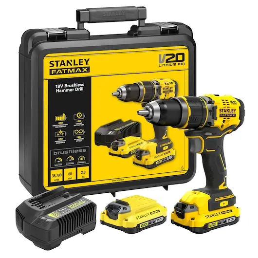 STANLEY SFMCD721D2K-QW - Taladro Percutor Brushless V20 Li-Ion 18V con 2 Baterías 2Ah, CARGADOR 2A y Maletín - 1