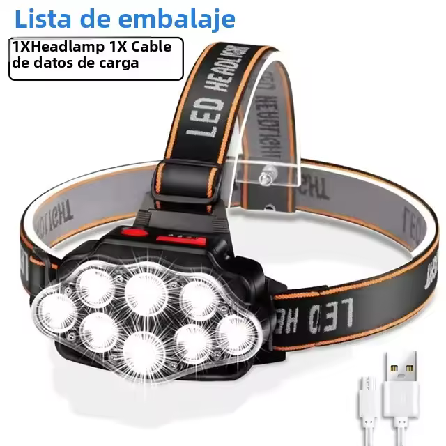 Linterna Frontal LED Potente Recargable 8LED Para Pesca Camping Caza Senderismo Lámpara De Corbata Impermeable Con Modos De Iluminación Variable - 1