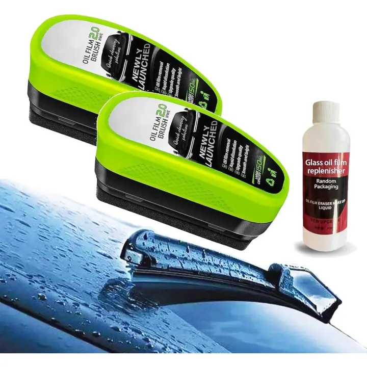 Limpiador de vidrios JetdryShop - Cepillo para parabrisas de coche, cepillo para limpiar la película de aceite automotriz, cepillo para limpiar la película de aceite para ventanas de coche con 100 ml de reponedor (verde/2 unidades) - 1