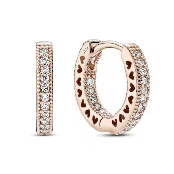 PANDORA Signature Pendientes de aro con forma de corazón y engaste pavé，Viene con embalaje de caja de regalo original. - 1