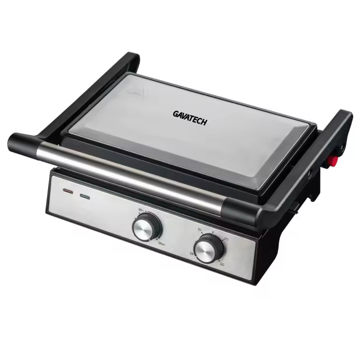 GAVATECH Parrilla Eléctrica y Grill 1500W, Apertura 180º, Control de Temperatura y Temporizador, Placas Antiadherentes 26x16.5 cm, Acabado en Acero Inoxidable. - 1