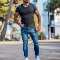 Camiseta De Hombre Con Cuello En V Y Manga Corta Para Fitness Y Gimnasio Verano Estilo Casual Color Sólido Moda Slim Fit - details 12