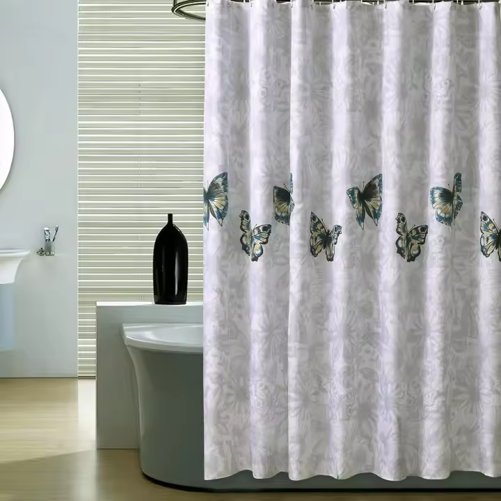 Cortina de ducha de tela de poliéster impermeable y antimoho con diseño de mariposas, con ganchos, lavable y dobladillo con peso. - 1
