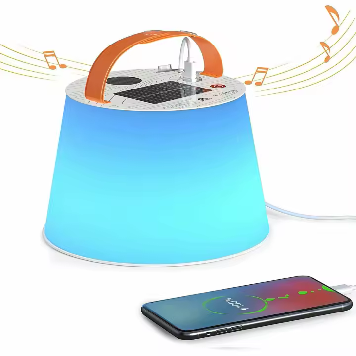 Linterna multifuncional para acampar al aire libre: carga solar y USB, banco de energía integrado y altavoz Bluetooth, luz ambiental LED RGBW - 1