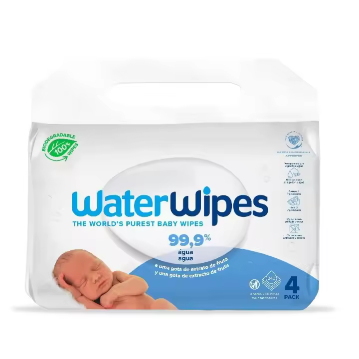 Toallitas de Bebé Waterwipes BIO 4x60uds - Alternativa Al Algodón y Al Agua - Piel Sensible - Aprobación del Asociación Nacional del Eccema de América - 240 Unidades de Toallita - 1