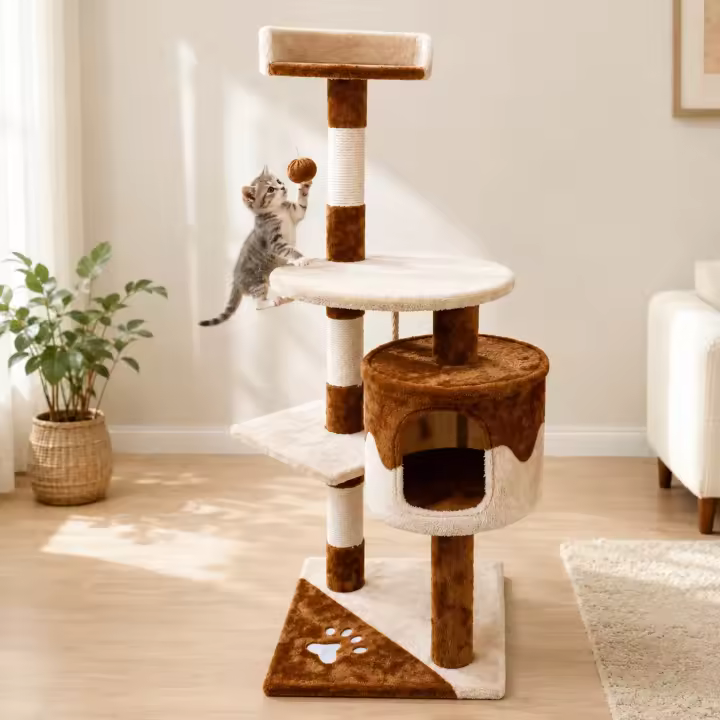 PAWDLE Rascador para Gatos 111.5 cm de 4 Niveles, Árbol Rascador Multicapa con Cueva, Postes de Sisal, Plataformas y Juguete Colgante, Estilo Moderno en Felpa Suave Azul y Marrón, Ideal para el Cuidado de los Gatos - 1