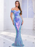 Vestido De Noche De Suelo Azul Con Lentejuelas Romagic Vestido De Boda De Hombros Descubiertos Exquisito Vestido De Fiesta Prom Para Mujeres Sin Mangas Silueta De Sirena - details 9