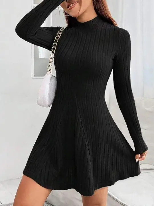 Vestido De Punto Para Mujer Estilo Casual De Invierno Con Mangas Largas Y Cuello Alto Negro Vestido Mini Versátil Para Mujer Joven - 1