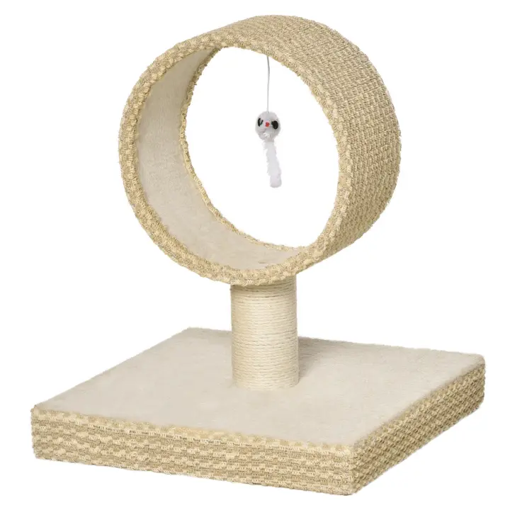 PawHut Árbol para Gatos Pequeño 61x41x50 cm Torre de Rascado de Gato con Túnel Superior Poste Rascador de Yute Natural y Juguete de Rata Colgante Beige - 1