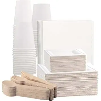 Various Vajilla Desechable Ecológica 200,300 Piezas para 25,50 persona, 50 Platos Desechable Cuadrado y Redonda  con 25,50 Tenedores, 25,50 Cuchillos, 25,50 Cucharas, 25,50 Vasos,50 Servilletas - 1