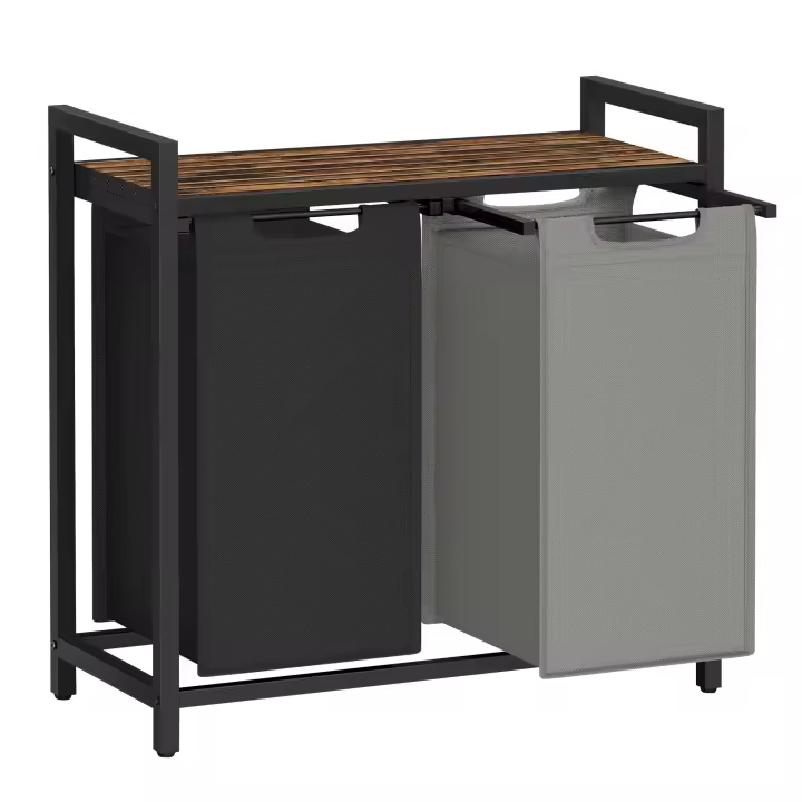 VASAGLE Cesta para la ropa sucia, 2 compartimentos, con 2 bolsas de tela Oxford extraíbles, marco de metal, 2 x 46 litros, 73 x 33 x 72 cm, Marrón Rústico y Negro/Blanco y Gris Claro/Marrón Rústico y Gris/Negro Tinta Gris Paloma y Marrón Rústico - 1
