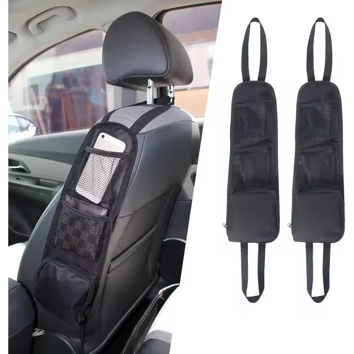 Organizadores para Coche, 2 bolsas de almacenamiento laterales para asiento de coche con 3 bolsos, Bolsa de Malla para Colgar artículos en el asiento delantero, bolsos de almacenamiento duraderos Aptos para todos los vehículos. - 1