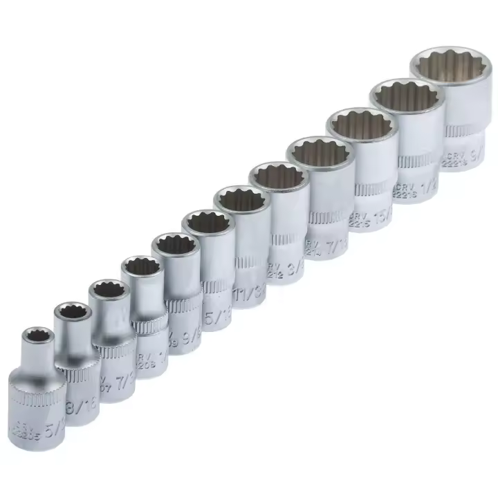 JUEGO DE 12 VASOS DE 12 CARAS EN PULGADAS (WHITWORTH)  PARA LLAVE DE CARRACA 1/4" - 1