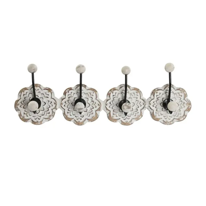 Dcasa Perchero de pared mango tallado a mano flor blanco 8 colgadores metal - 1