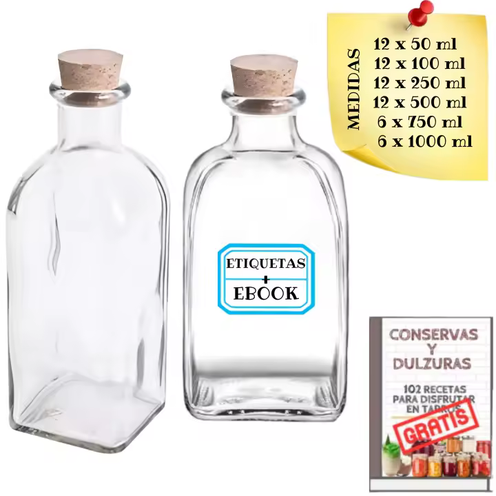 MundoTarros - Pack Frascas de Cristal con Tapón de Corcho (Varias medidas de 50ml a 1000ml) - Frascos Cuadrados Herméticos Rellenables y Reutilizables Resistentes para Bebidas, Aceite, Vino, Licor... Incluye Etiquetas - 1