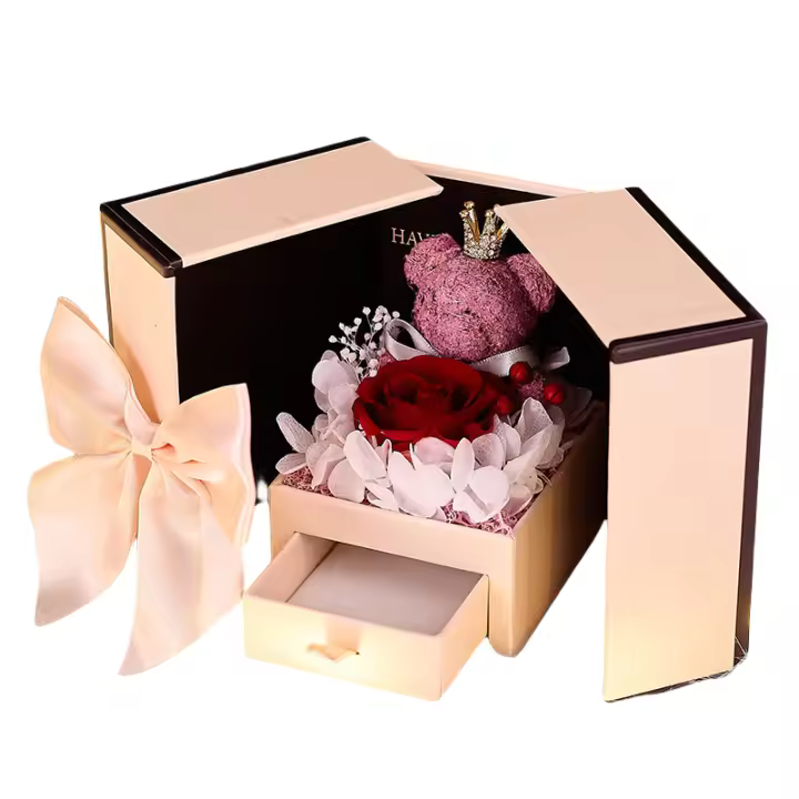 Flores perpetuas Regalos hechos a mano Premium Feeling Rose Caja de Giano Arreglo Puerta Doble Cajas de joyería de Regano de San Valentín - 1