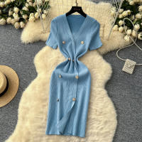 Vestido Tejido REALEFT 2025 Para Mujer Verano Cuello En V Corto Manga Metálico Botones Cintura Alta A-Line Longitud Media - details 11