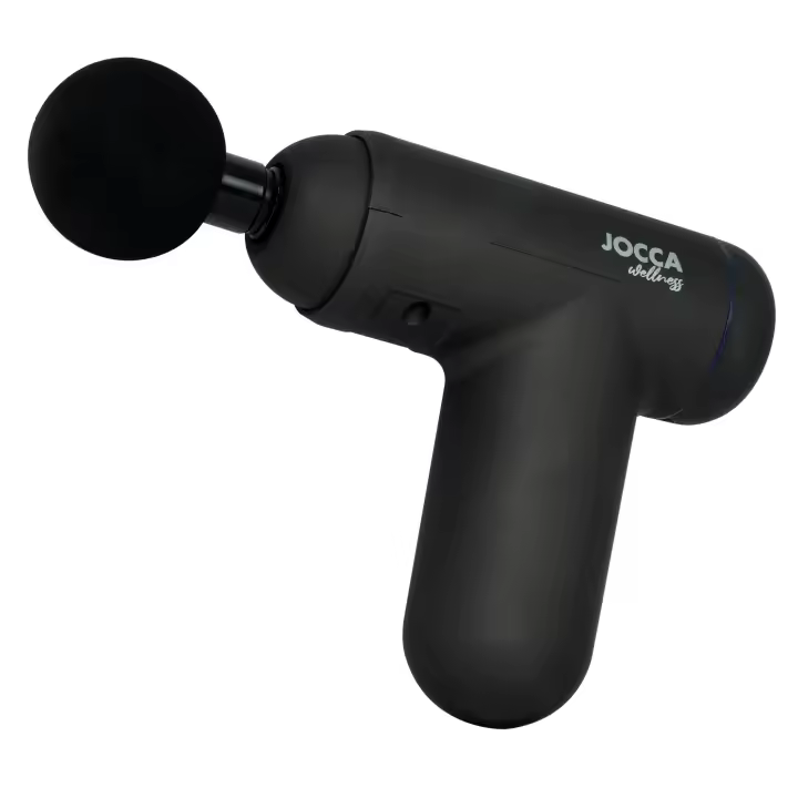Pistola de masaje Jocca con pantalla táctil,  4 cabezales diferentes, 32 niveles de velocidad con vibraciones de hasta 3000RPM, se carga por USB y su capacidad es de 1200 mAh - 1