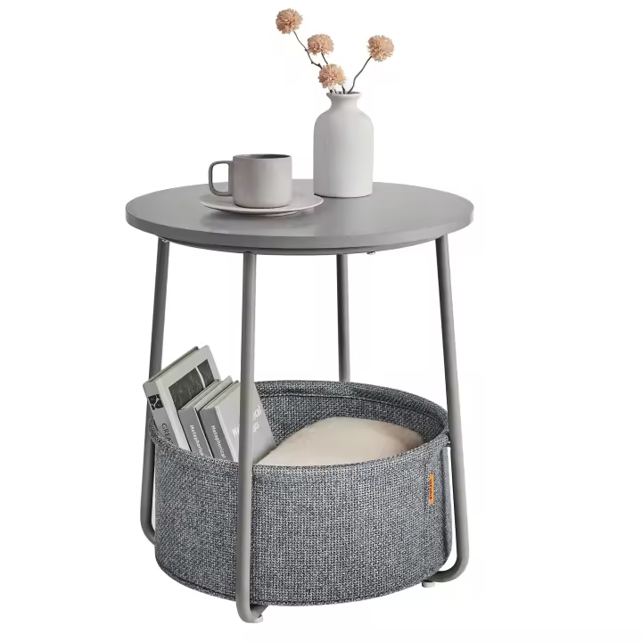 Mesa Auxiliar Redonda con Cesta de Tela - Espaciosa Mesa Lateral para Salón, Dormitorio o Mesita de Noche, Estilo Moderno, Disponible en Varios Colores - 1