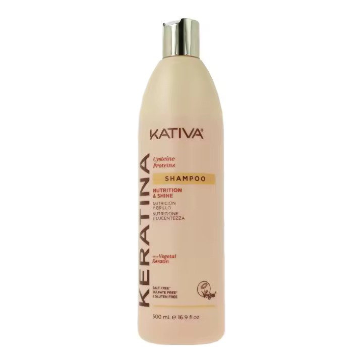 Kativa keratina nutritive champú 500 ml, gracias a su fórmula a base de keratina hidrolizada limpia el cabello, nutriendo y fortaleciendo la fibra capilar. - 1