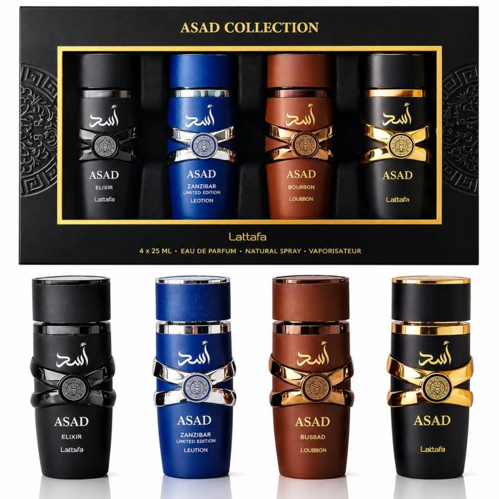 Lattafa - Set de Regalo Asad Collection (Asad, Zanzibar, Bourbon, Elixir) 4 x 25 ml cada uno, 100 ml total para día… — oferta en Miravia