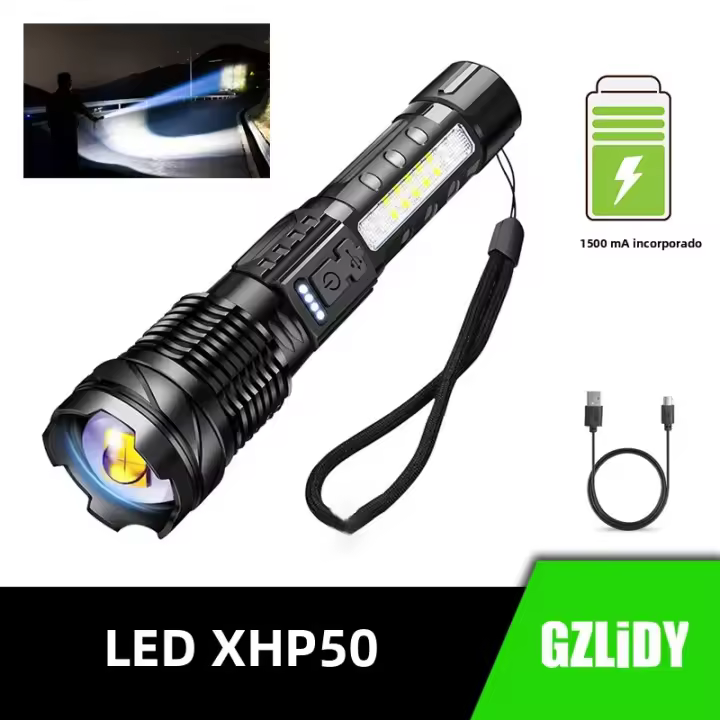 Linterna LED Potente XHP50 Impermeable Con Luz Lateral Y 7 Modos Recargable Por USB Zoom Para Camping Pesca Torcha 18650 - 1