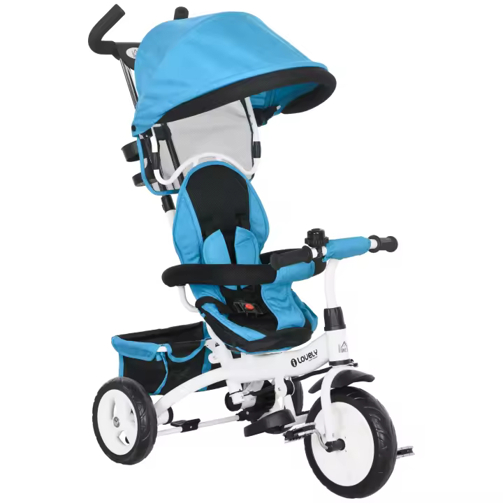 HOMCOM Triciclo para Bebés Triciclo Evolutivo para Niños con Toldo Plegable Mango de Empuje Telescópico y Desmontable Cinturón de Seguridad y Cesto 95x50x106 cm - 1