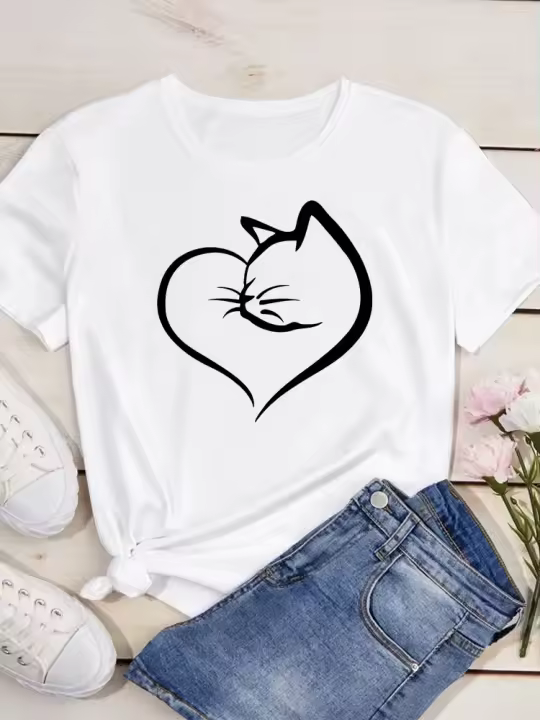 Camiseta De Mujer Con Estampado De Corazón Y Gato Lindo Casual Manga Corta Verano Ropa De Calle Y2k Polyester Transpirable - 1
