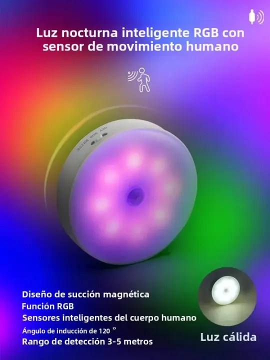 Lámpara Nocturna LED Con Sensor De Movimiento Inteligente Luz Automática De Ajuste De Brillo RGB Magnética Inalámbrica Para El Hogar - 1