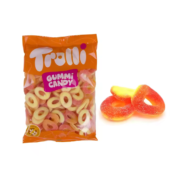 Trolli Aros Melocoton - Bolsa de 1 Kg - Golosinas en forma de aro Sabor Intenso melocoton - Sin Gluten - 1