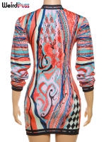 Vestido Colorido Y Vintage Para Mujer Con Estampado De Gato Extraño Manga Larga Cuello Redondo Elástico Ajustado De Tendencia 2023 Para Otoño Streetwear Festival - details 4