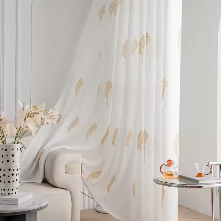 Cortina De Tules Bordadas Simples Con Plantas Americanas 1PC Para Sala De Estar Y Dormitorio Translúcida Cortina De Puerta Hecha De Poliéster 100% - 1