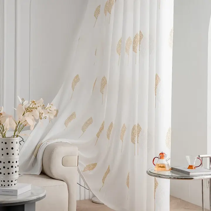 Cortina De Tules Bordadas Simples Con Plantas Americanas 1PC Para Sala De Estar Y Dormitorio Translúcida Cortina De Puerta Hecha De Poliéster 100% - 1