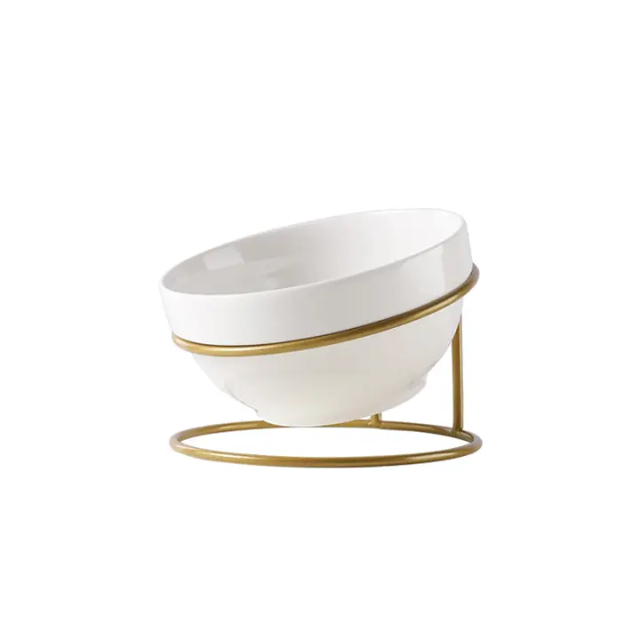 Comederos inclinados con soporte - Comedero elevado de cerámica para gatos y perros pequeños con soporte de alambre metálico - Dorado - 1