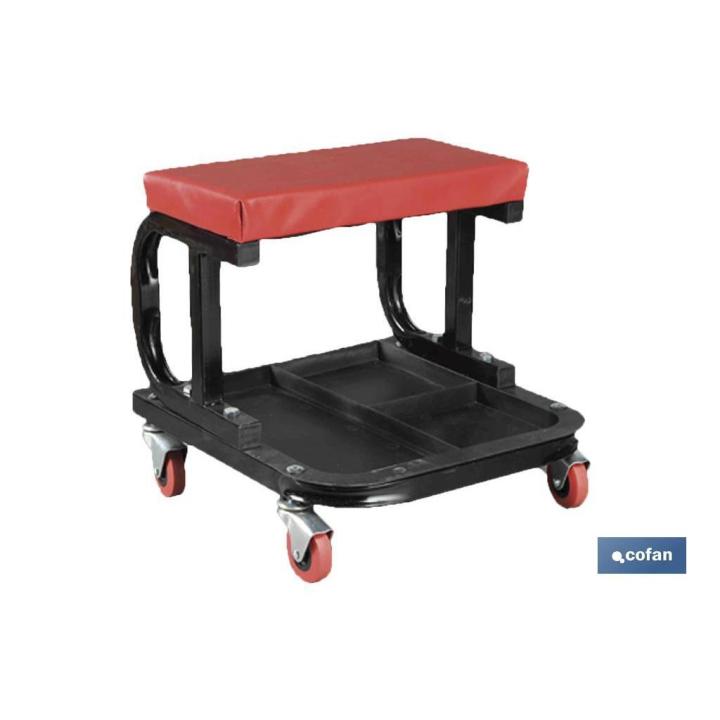 Cofan Asiento de Trabajo Móvil con Cajón Portaherramientas y Acolchado Rojo