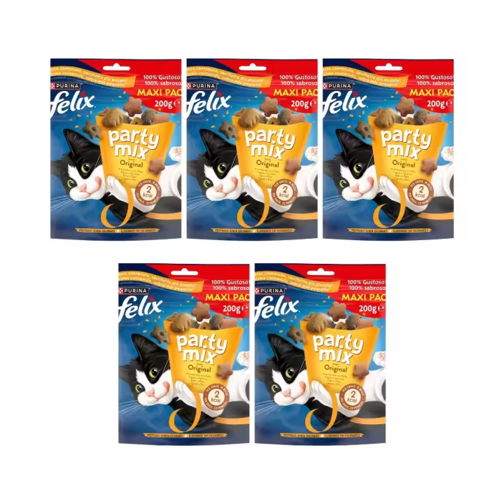 FELIX - Party Mix Original (5x200 gr) - Snacks para Gatos (Pollo, Hígado y Pavo) (5 Bolsas de 200 gr) - 1