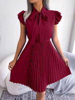 Vestido Elegante De Mujer Con Cintura Alta Y Volantes Para Primavera Y Verano Estilo Casual Collar Con Lazo Cuello Alto Y Mangas Batwing - details 8